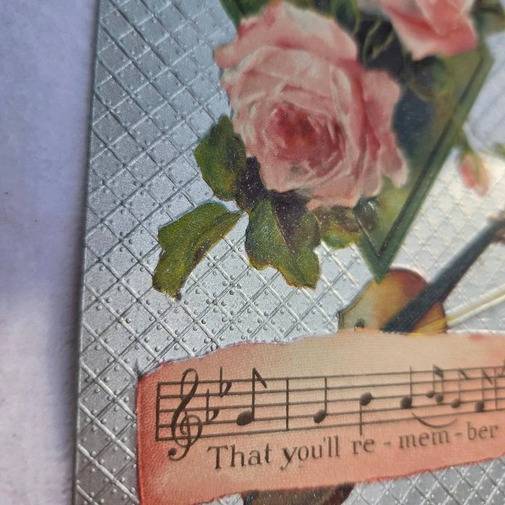 Antique 1909 New‎ Year Postcard Roses Violin Music International Art Publ Co.